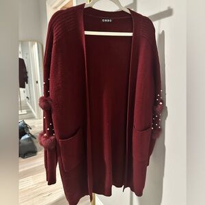Women's Burgundy Cardigan with Faux Fur and Pearl Accents